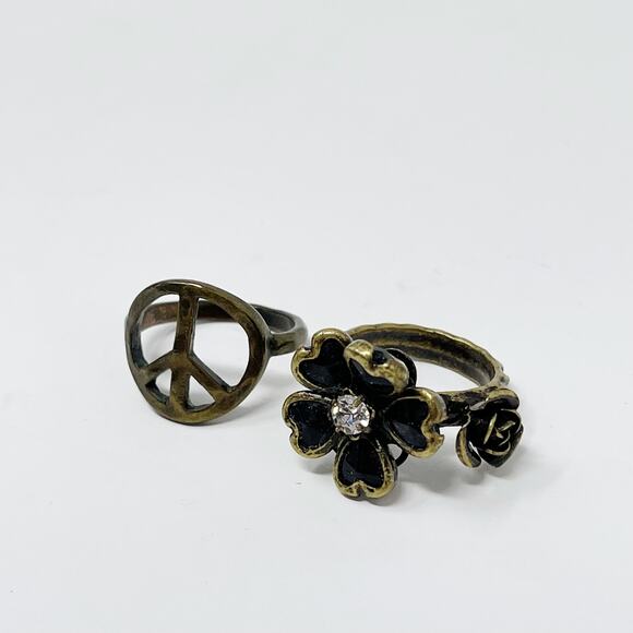 Set of 2 Brass Gold Tone Fashion Rings Peace Sign Floral Gemstone Size 5 and 6 - Picture 2 of 8